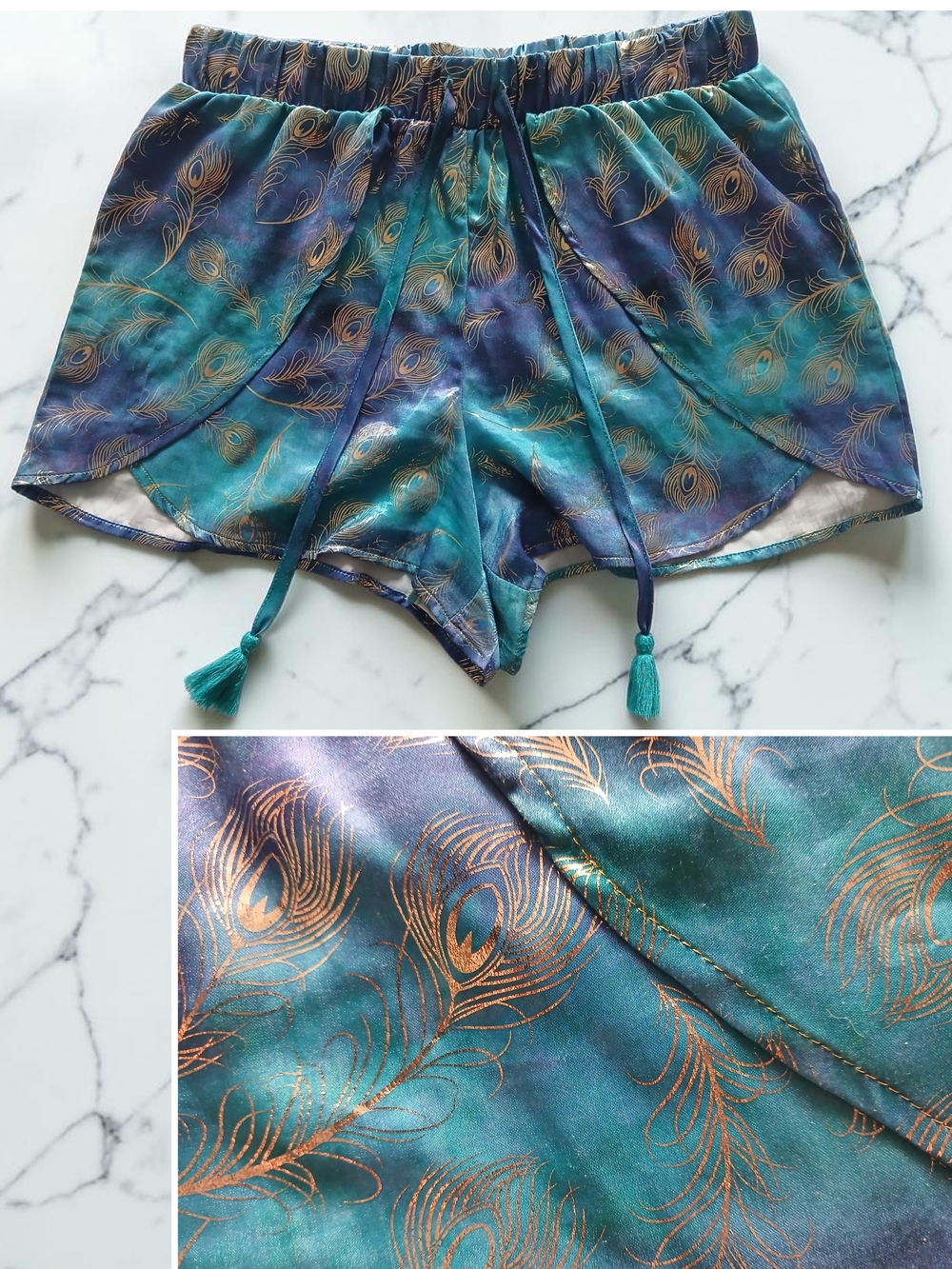 💫🩷3for20 Bundle Sale🩷💫 Disney Teal and Gold Peacock Satin Lounge Shorts